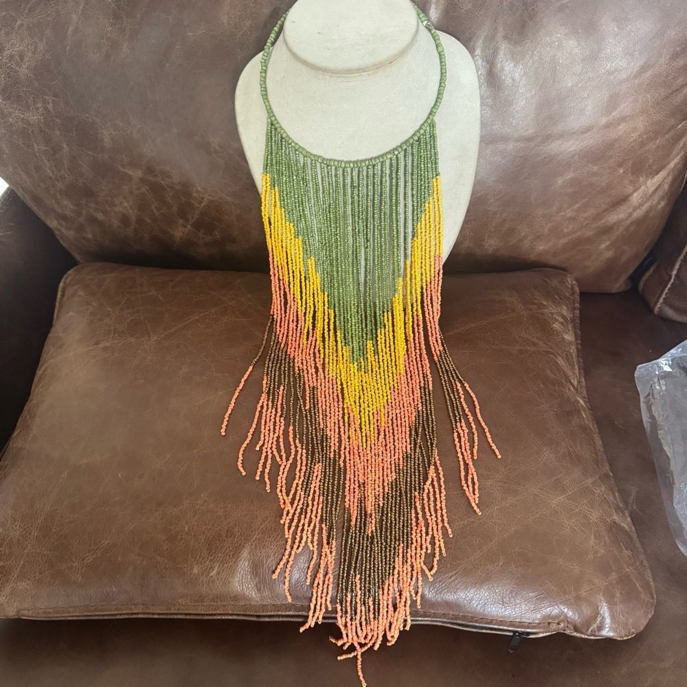 Handmade Multicolor Layered Chevron Beaded Tribal Fringe Collar Necklace - Picture 3 of 8